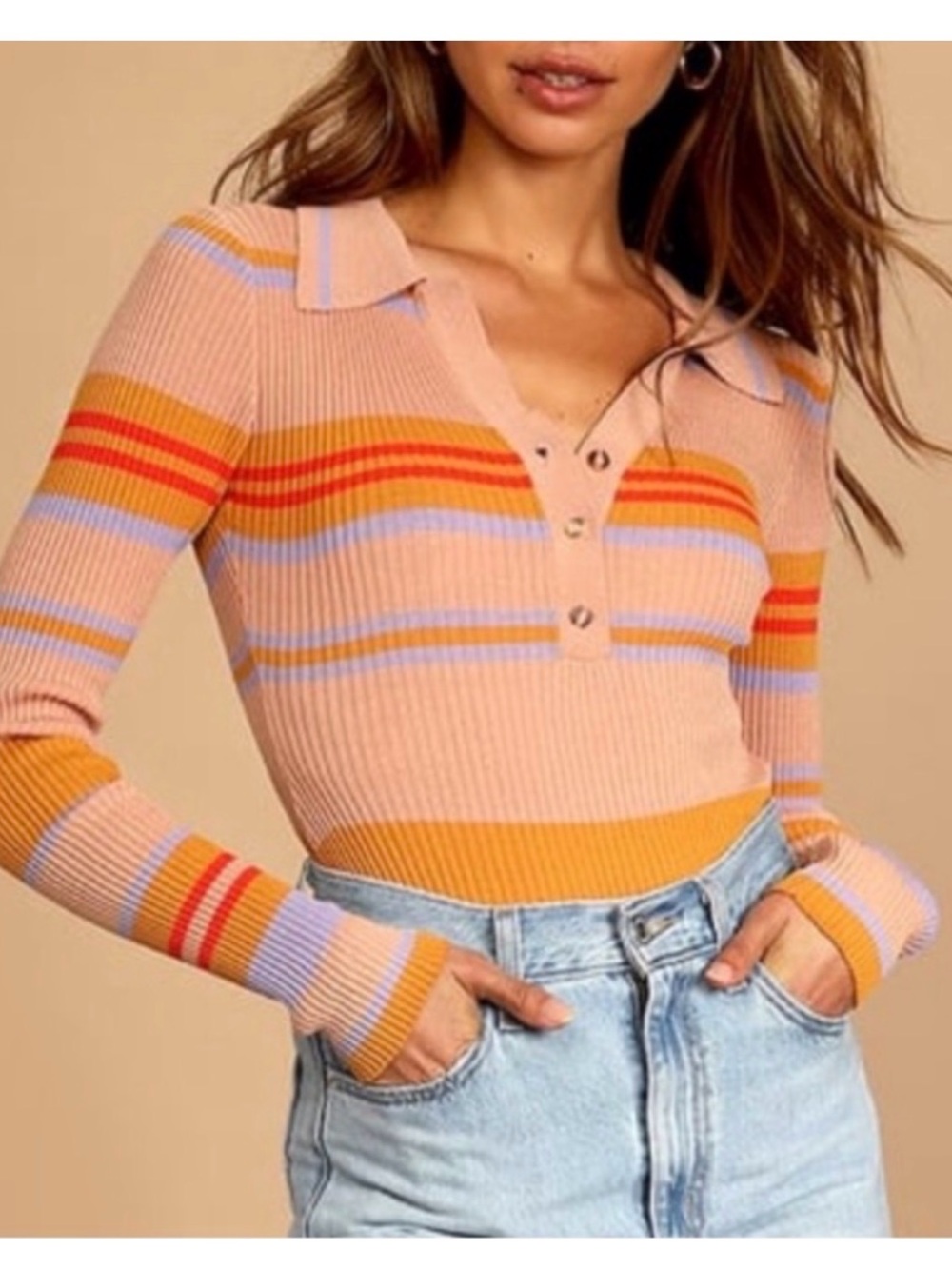 Lulus Ribbed Stripe Polo Sweater Bodysuit Pink Orange Long Sleeve Size M